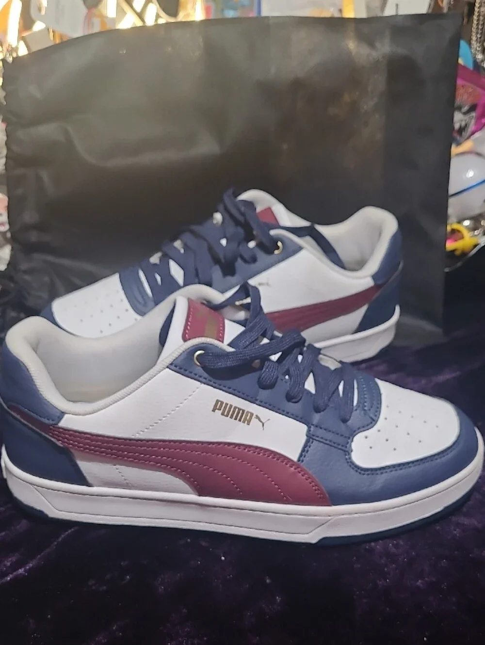 Puma Size 8.5 Navy, White & Burgundy Low-Top Sneakers
